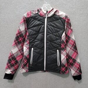 Snozu Girls Activewear Puffer Jacket Large Pink Plaid Hooded Sherpa Lined Pocket